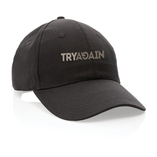 Six-panel recycled cotton cap with AWARE™ tracer from XD Collection, showing the eco-friendly headwear style and design.