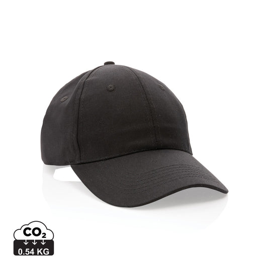 Six-panel recycled cotton cap with AWARE™ tracer by XD Collection, featuring a classic headwear design and eco-friendly materials.