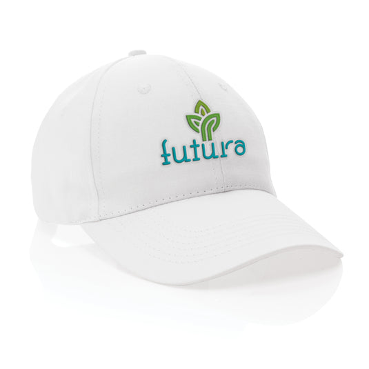Six-panel recycled cotton cap by XD Collection featuring AWARE™ tracer, showcasing eco-friendly headwear in a natural setting.