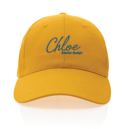 Six-panel recycled cotton cap by XD Collection featuring AWARE™ tracer, showcasing eco-friendly headwear with a classic design.
