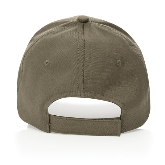 Six-panel XD Collection recycled cotton cap with AWARE™ tracer, showcasing its eco-friendly design and adjustable strap.