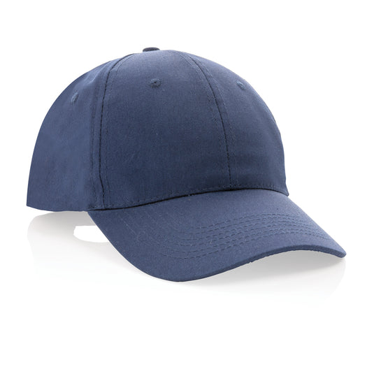 Six-panel recycled cotton cap with AWARE™ tracer from XD Collection, showcasing its casual headwear design and eco-friendly material.