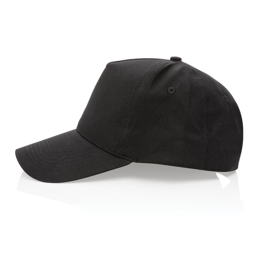 Impact 5-panel recycled cotton cap by XD Collection with AWARE™ tracer, showcasing a stylish headwear design in natural fabric and branding.