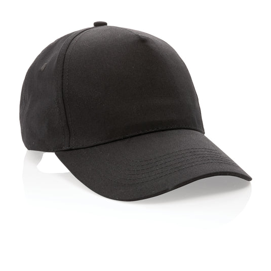 Impact 5-panel recycled cotton cap by XD Collection featuring AWARE™ tracer, showcasing eco-friendly headwear with a sleek design.