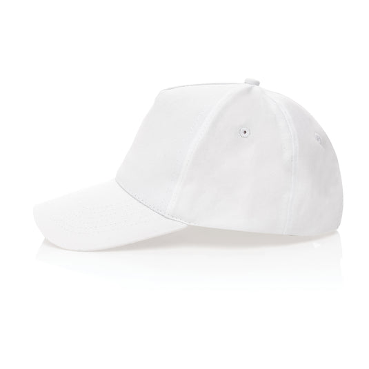 Impact 5-panel recycled cotton cap by XD Collection with AWARE™ tracer, showcasing the headwear's eco-friendly design and stylish fit.