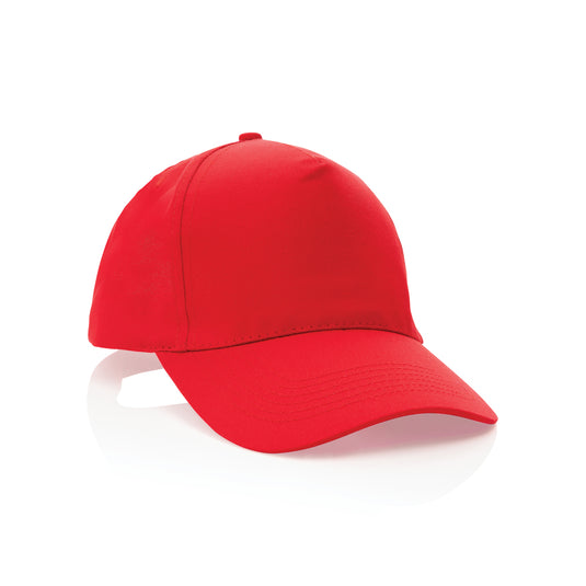 Impact 5-panel recycled cotton cap by XD Collection featuring AWARE™ tracer, showcasing the headwear's eco-friendly design.