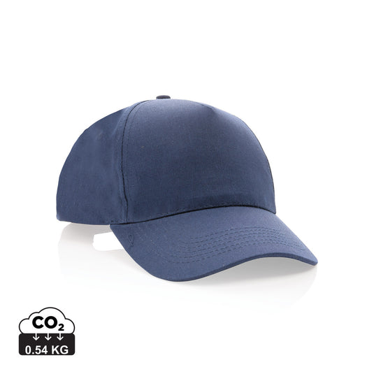 Impact 5 panel recycled cotton cap with AWARE™ tracer from XD Collection, showing the eco-friendly headwear with branding details.