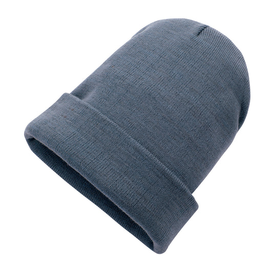 Black Polylana® beanie by XD Collection, cozy headwear made from sustainable materials, shown on a model.