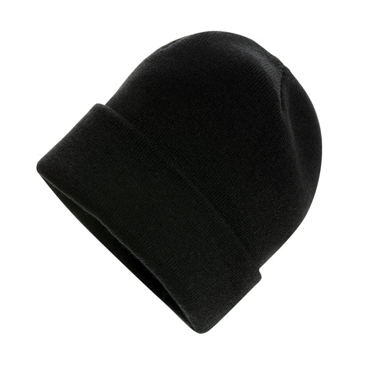 Beige Polylana® beanie by XD Collection, soft and cozy headwear with a ribbed knit design and folded brim.