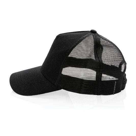 Brushed cotton 5-panel trucker cap by XD Collection showing front view with curved brim and adjustable back strap