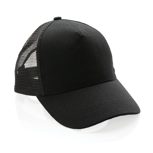 Brushed cotton 5-panel trucker cap from XD Collection, lightweight headwear with mesh back and structured front in neutral tones.