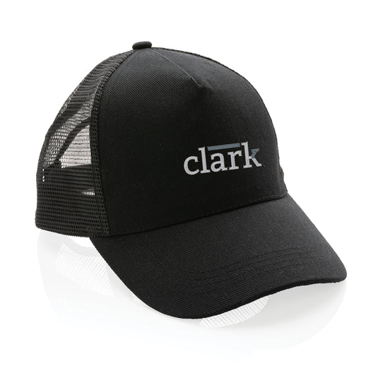 Brushed cotton 5-panel trucker cap by XD Collection, lightweight headwear with breathable mesh back and curved brim.