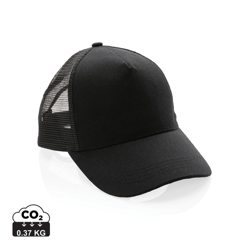 Load image into Gallery viewer, Brushed cotton 5-panel trucker cap by XD Collection featuring breathable headwear with a curved brim and adjustable strap.
