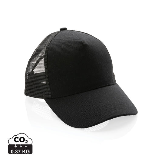 Brushed cotton 5-panel trucker cap by XD Collection featuring breathable headwear with a curved brim and adjustable strap.