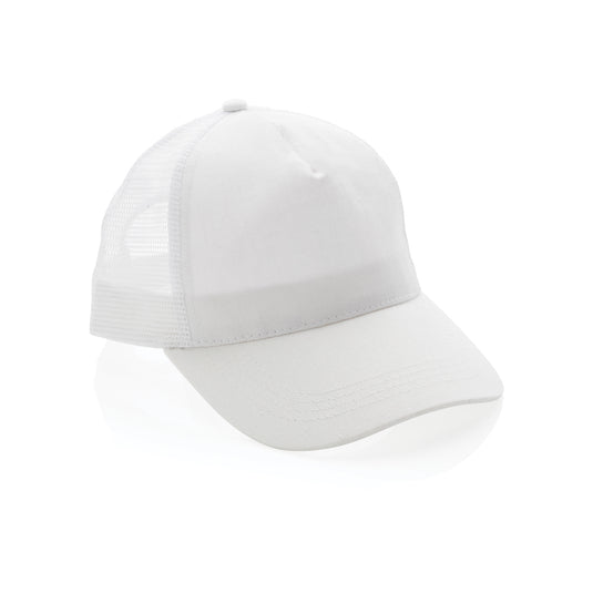 Brushed cotton 5-panel trucker cap by XD Collection, lightweight headwear with breathable mesh back and curved brim.