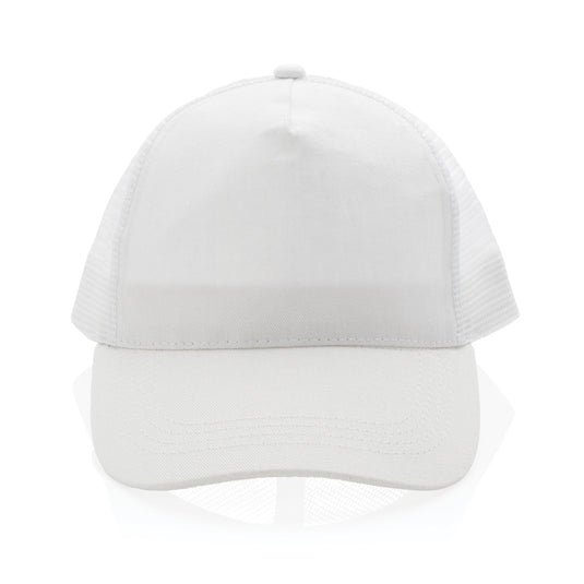Brushed cotton 5-panel trucker cap by XD Collection, lightweight headwear with breathable mesh and classic trucker style.