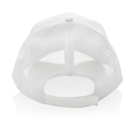 Brushed cotton 5-panel trucker cap by XD Collection featuring a curved brim and mesh back for casual headwear style.