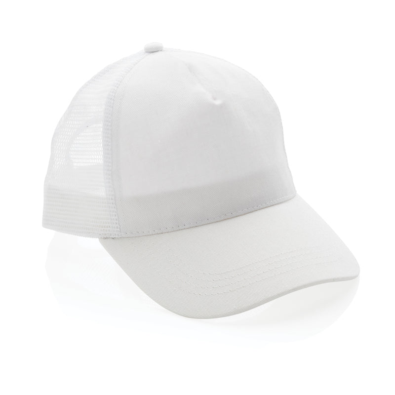 Load image into Gallery viewer, Brushed cotton 5-panel trucker cap by XD Collection, lightweight headwear with mesh back and curved brim, in neutral tones.
