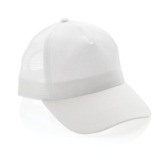 Brushed cotton 5-panel trucker cap by XD Collection, lightweight headwear with mesh back and curved brim, in neutral tones.
