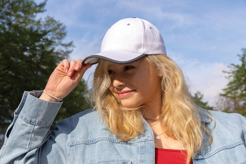 Load image into Gallery viewer, Brushed cotton 6-panel contrast cap from XD Collection, lightweight headwear with stylish design and comfortable fit.
