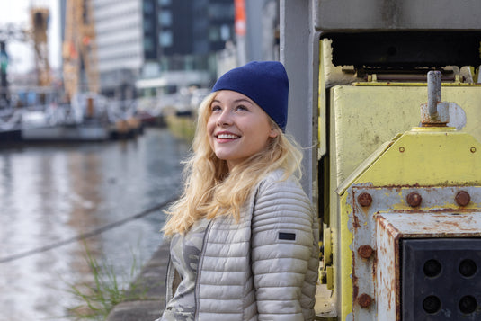 Light gray classic beanie made with Polylana® fiber from XD Collection, soft and warm headwear for cold weather.