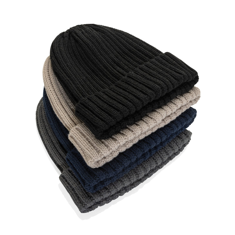 Load image into Gallery viewer, XD Collection Kennedi AWARE™ Polylana® beanie with large rib knit, showcasing cozy headwear in a close-up view.

