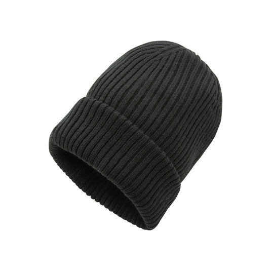 Impact AWARE™ Polylana® double knitted beanie by XD Collection, showcasing its soft, warm headwear design in a close-up shot.