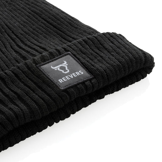 Impact AWARE™ Polylana® double knitted beanie by XD Collection, showcasing its cozy, eco-friendly headwear design and textured knit pattern.