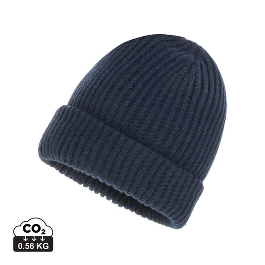Impact AWARE™ Polylana® double knitted beanie by XD Collection, showcasing its soft, eco-friendly headwear design and textured knit pattern.