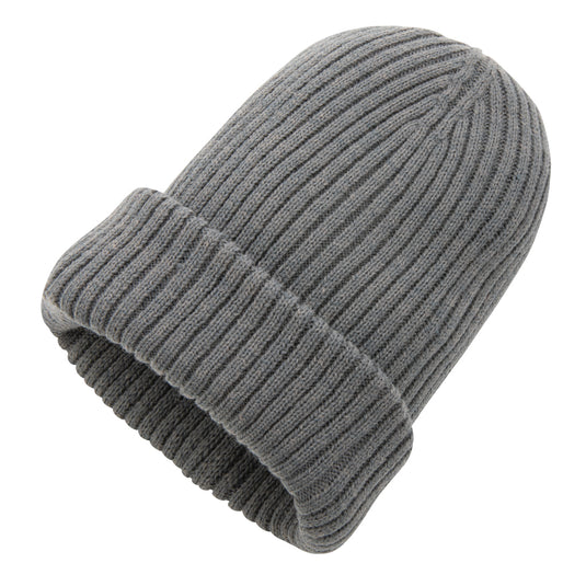 Impact AWARE™ Polylana® double knitted beanie from XD Collection, showcasing its cozy, double-layer design in natural headwear style.