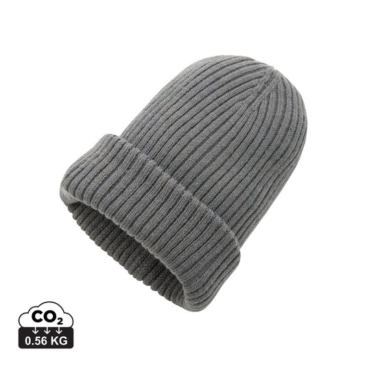 Impact AWARE™ Polylana® double knitted beanie by XD Collection, showing the cozy, double-layered headwear in neutral color.