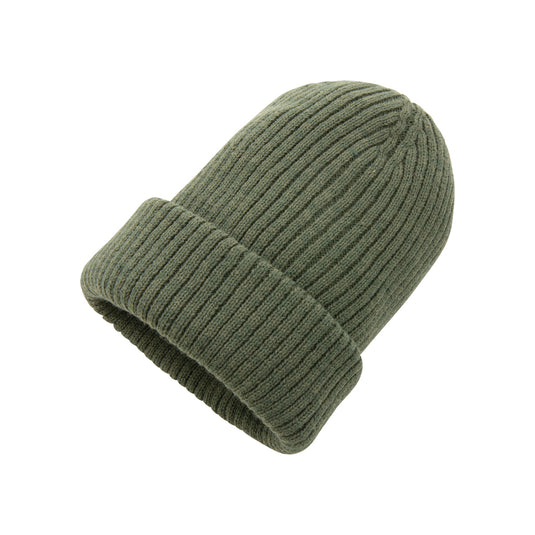 Impact AWARE™ Polylana® double knitted beanie from XD Collection, showing a cozy, eco-friendly headwear with a folded brim.