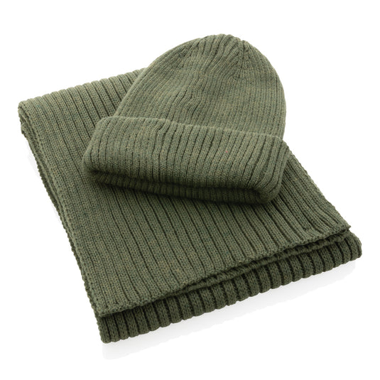 Impact AWARE™ Polylana® double knitted beanie by XD Collection, showing a cozy, stylish headwear with ribbed texture and logo detail.