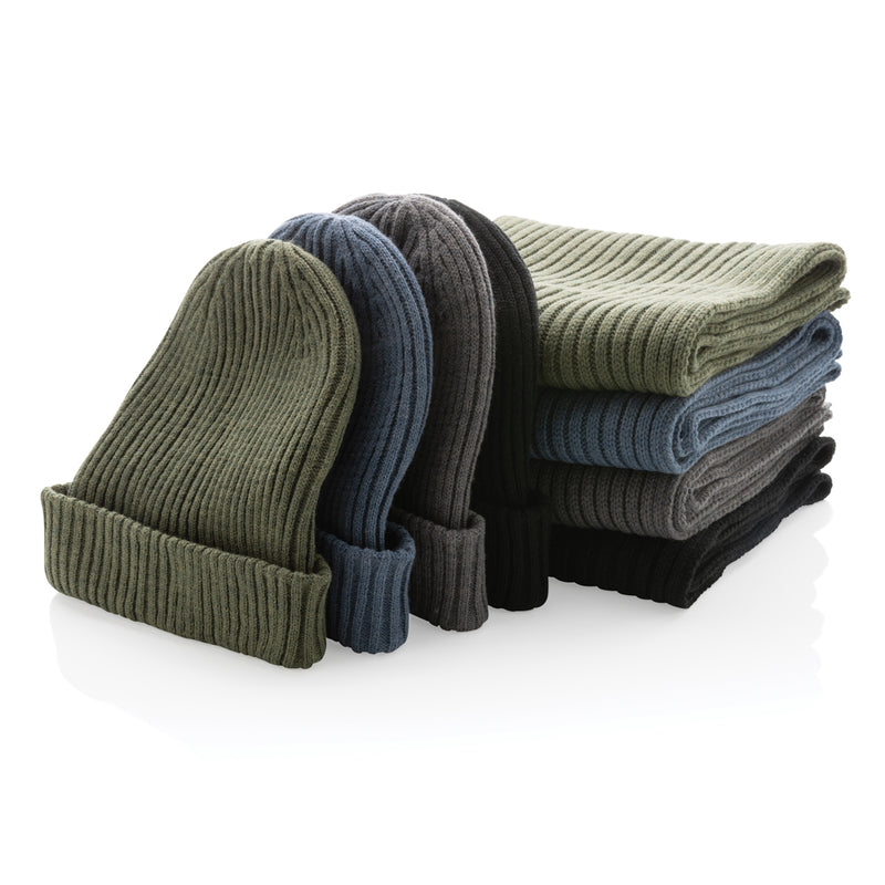 Load image into Gallery viewer, Impact AWARE™ Polylana® double knitted beanie from XD Collection, showing its cozy, textured headwear design in natural colors.
