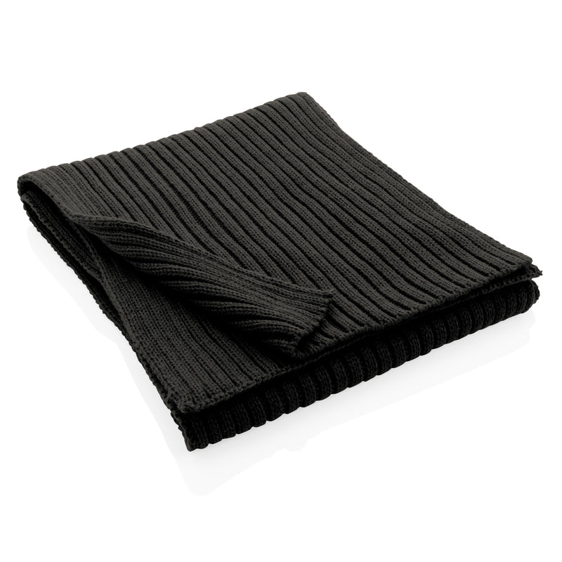 Load image into Gallery viewer, Knitted Impact AWARE™ Polylana® scarf in neutral tones, showcasing its 180x25cm size, from XD Collection headwear line.
