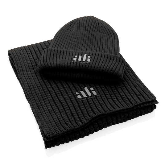 Impact AWARE™ Polylana® knitted scarf by XD Collection, 180x25cm headwear in soft, sustainable yarn with a cozy knit pattern.