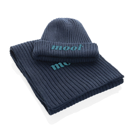 Impact AWARE™ Polylana® knitted scarf by XD Collection, 180x25cm, showcasing its soft, warm headwear design in neutral tones.