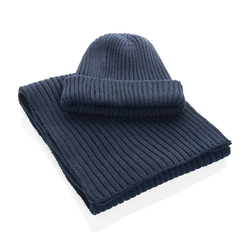Load image into Gallery viewer, XD Collection Impact AWARE™ Polylana® knitted scarf, headwear in beige with ribbed texture, measuring 180x25cm.
