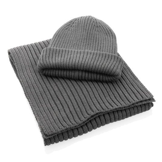 Impact AWARE™ Polylana® knitted scarf by XD Collection, 180x25cm, showing soft, eco-friendly headwear in knitted fabric.