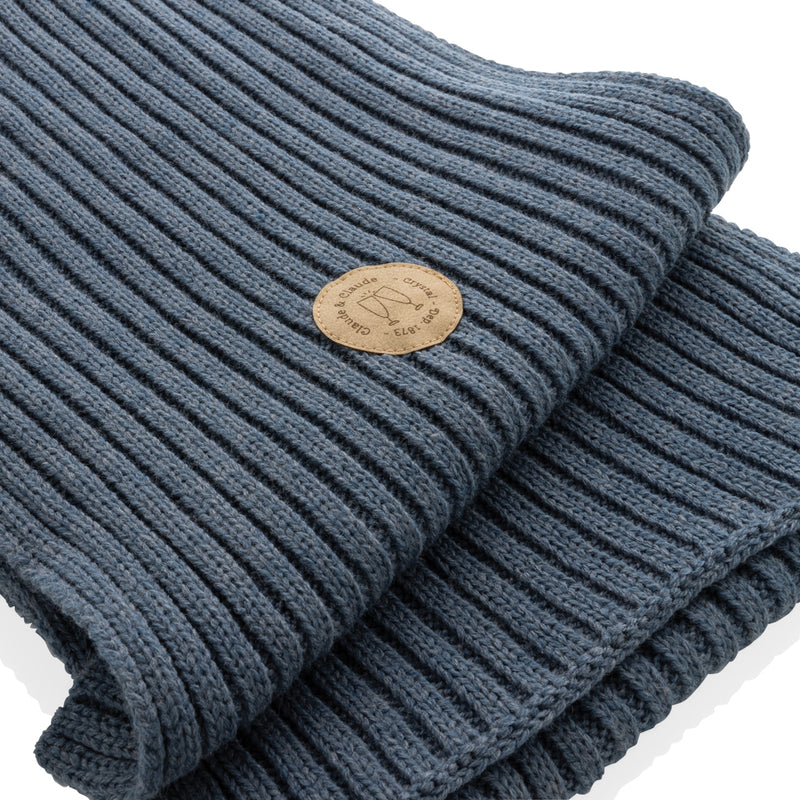 Load image into Gallery viewer, Impact AWARE™ Polylana® knitted scarf by XD Collection, showing cozy headwear with a textured knit pattern in neutral tones.
