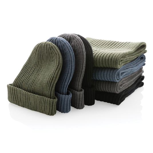 Impact AWARE™ Polylana® knitted scarf by XD Collection, headwear, showing a 180x25cm cozy, eco-friendly knitted scarf.