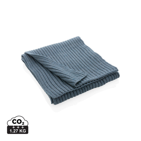 Impact AWARE™ Polylana® knitted scarf by XD Collection, showing the 180x25cm soft, eco-friendly headwear with ribbed texture.