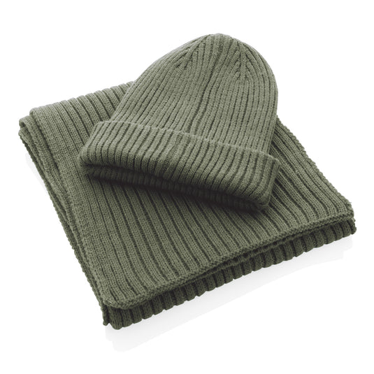 Impact AWARE™ Polylana® knitted scarf from XD Collection, showing a cozy, patterned headwear scarf in neutral tones.