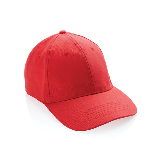 Six-panel recycled cotton cap from XD Collection with AWARE™ tracer, showcasing its eco-friendly design and casual headwear style.