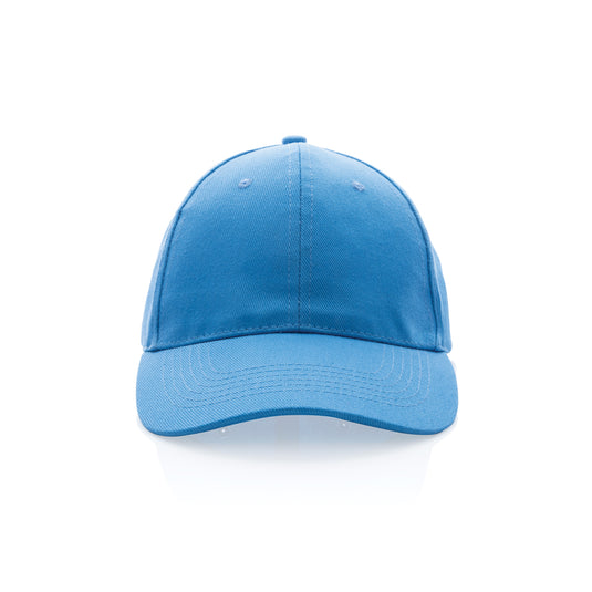 Six-panel recycled cotton cap with AWARE™ tracer from XD Collection, featuring a curved brim and adjustable strap.