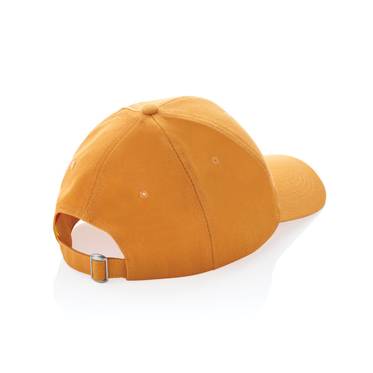 Six-panel recycled cotton cap by XD Collection with AWARE™ tracer, showcasing eco-friendly headwear with adjustable strap and branding.