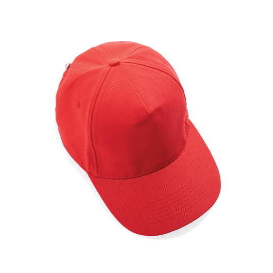XD Collection recycled cotton 5-panel cap with AWARE™ tracer, showcasing its durable design and eco-friendly headwear style.