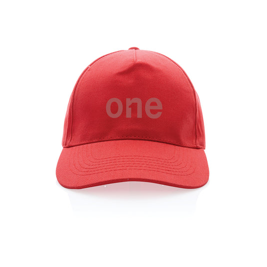 XD Collection 5-panel recycled cotton cap with AWARE™ tracer, featuring adjustable strap and eco-friendly headwear design.