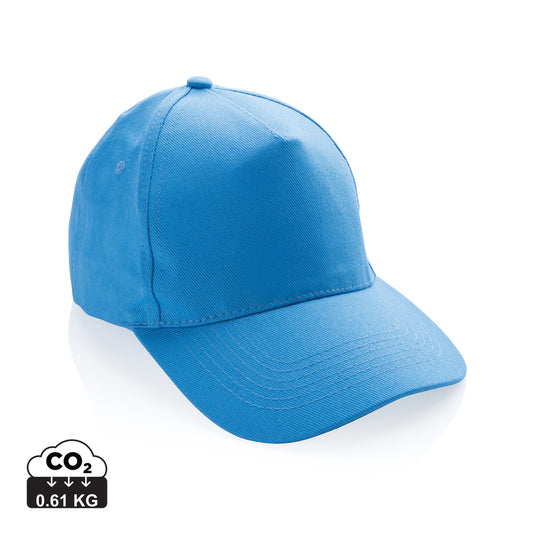Recycled cotton 5-panel cap with AWARE™ tracer by XD Collection, showing the headwear's front view with adjustable strap.