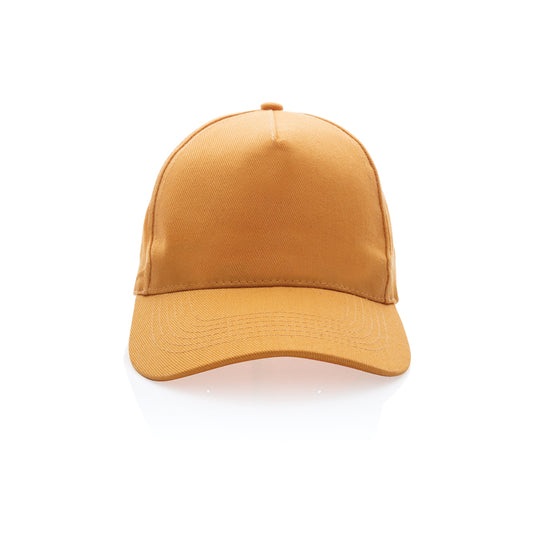 XD Collection 5-panel recycled cotton cap with AWARE™ tracer, showcasing eco-friendly headwear with adjustable strap and branding details.